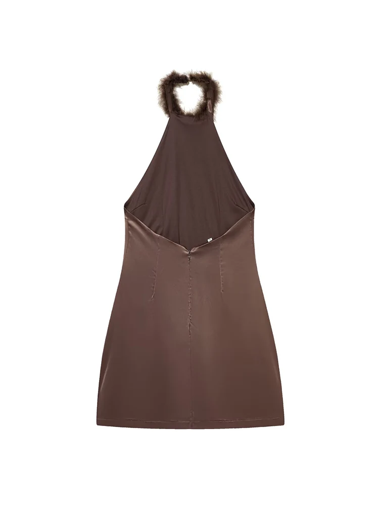New Women's Furry Neck Dress Fashion Backless Skinny Street Halter Dresses Elegant Feather Spliced Sleeveless Mini Dress