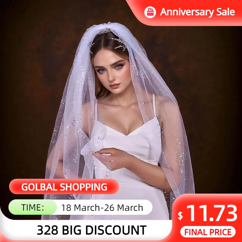 

MZA01 Sparkly Bride Wedding Veil Shimmering Silver Sequin Bridal Veil with Comb Shine 1 Tier Cut Edge Wedding Accessories