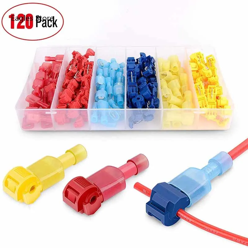 

120PCS Box T-Tap Connector Quick Electrical Cable Connector Snap Splice Lock Wire Terminal Crimp Wire Blue Yellow Red
