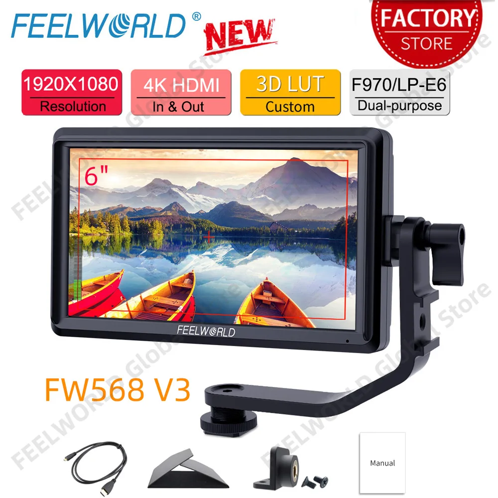6 Inch DSLR Camera Monitor FEELWORLD FW568 V3 with Waveform LUTs Small Full HD 1920x1080 IPS 4K HDMI Type-C DC Output Tilt Arm portable monitor,dslr field monitor