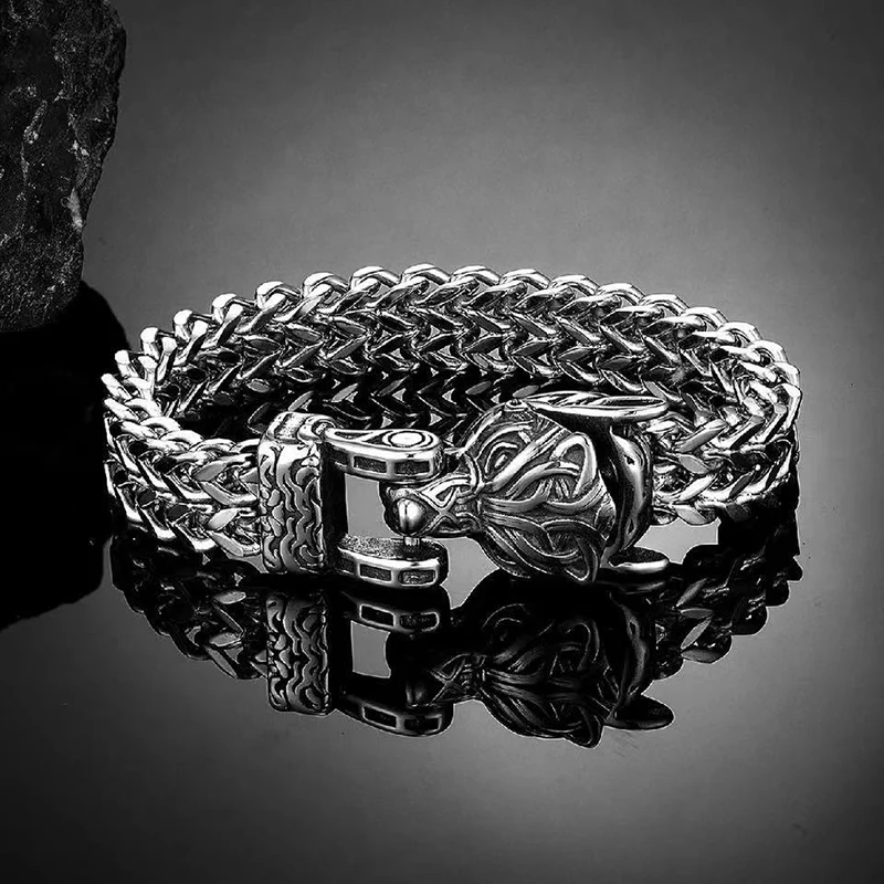 Viking Wolf Head Punk Men Bracelet 2023 Fashion Retro Stainless Steel Wristband Charm Party Mesh Metal Chain Bangle Jewelry
