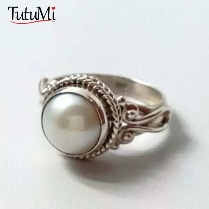 

Women's Jewelry S925 Silver Ring Retro Thai Silver Inlaid Pearl Ring Fashion Engagement Ring for Women Wedding Gifts