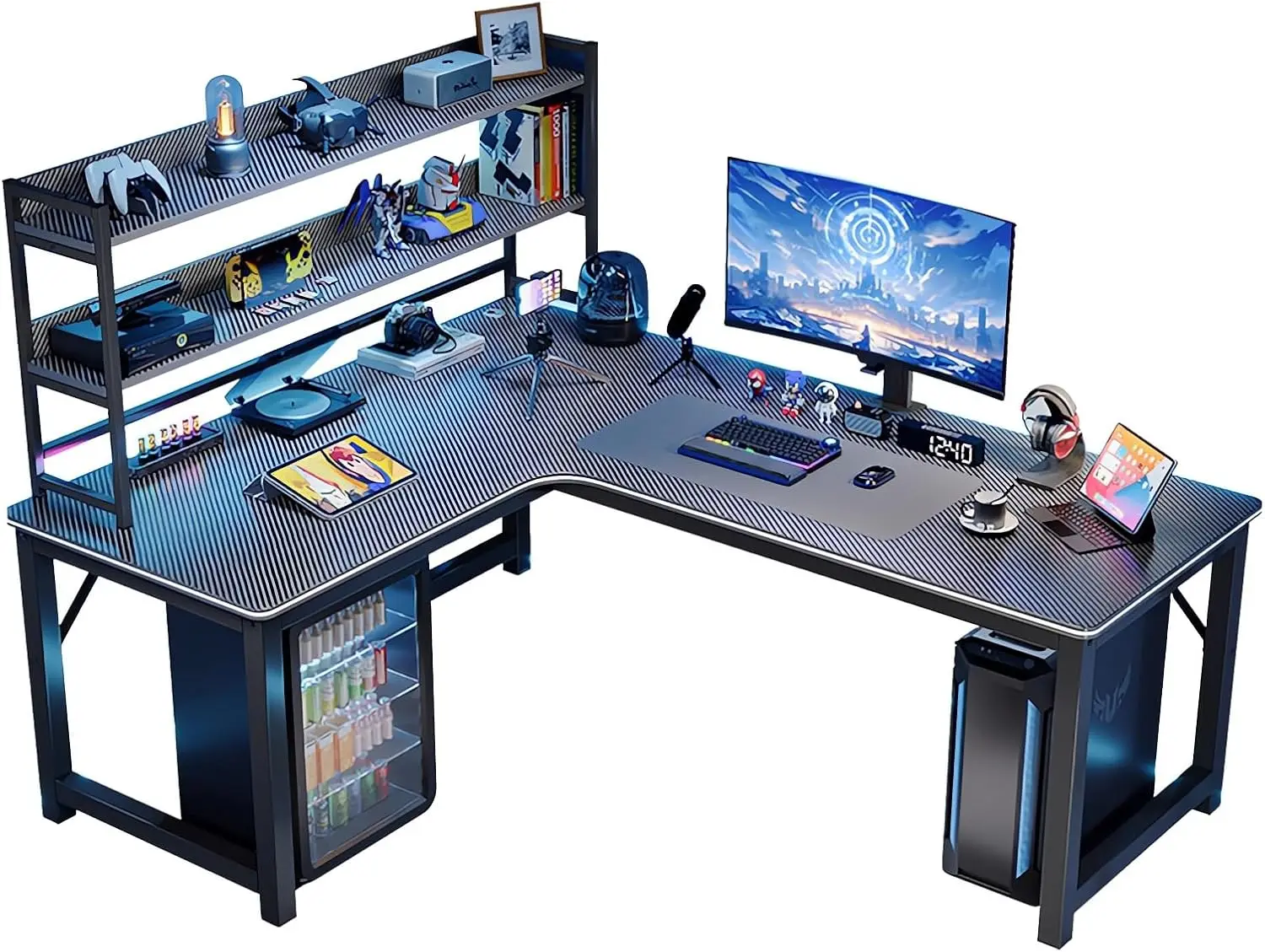 مكتب على شكل حرف L مع رف، طاولة مكتب منزلية على شكل حرف L، طاولة ألعاب كبيرة، مكاتب كتابة متينة للأعمال