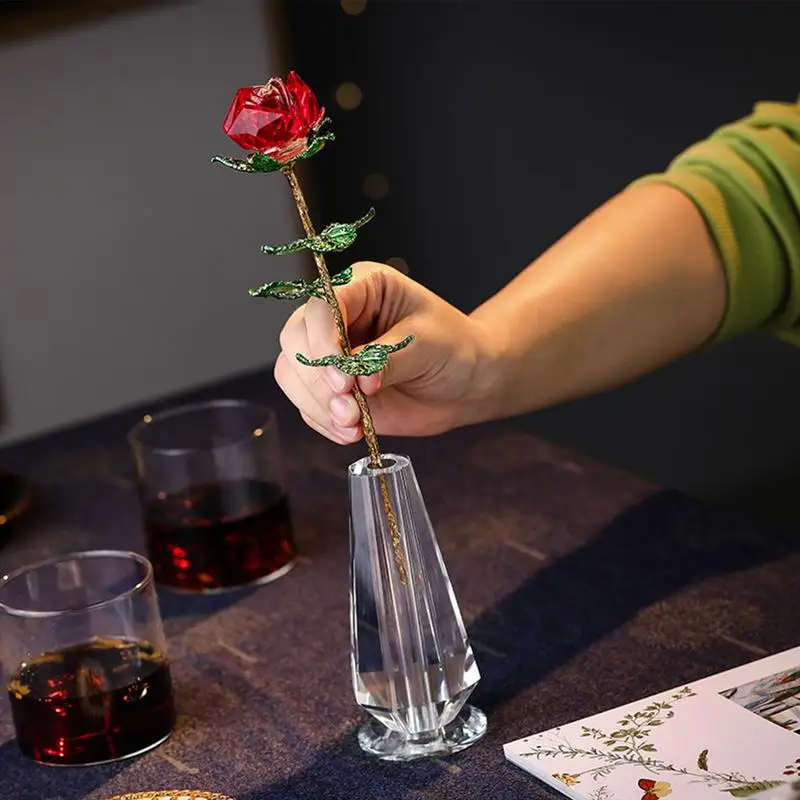 

Crystal Rose Crystal Red Rose Figurine Collectible Roses Flowers Ornament With Vase Crystal Red Rose for Home Wedding Party