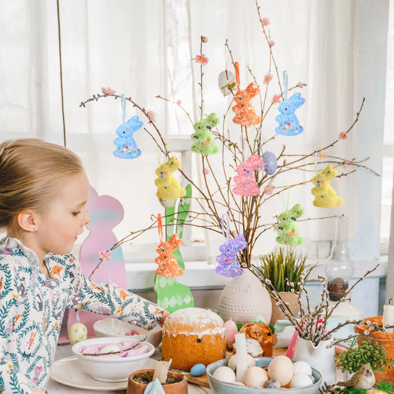 6/12PCS Easter Foam Rabbit Colorful Bunny Hanging Ornament for Spring Easter Party Home Decoration Supplies Kids Gift Favors