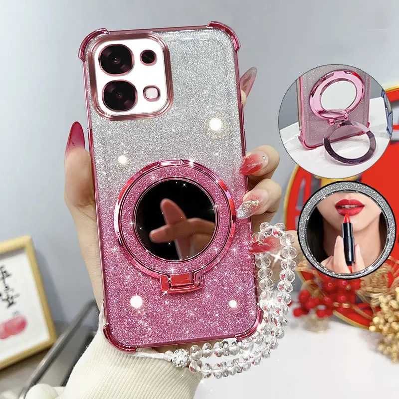 Glitter Shockproof Phone Case with Mirror Stand and Beaded Strap