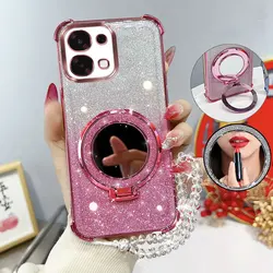 Glitter Shockproof Phone Case with Mirror Stand and Beaded Strap for Oppo F31 5G (Black)
