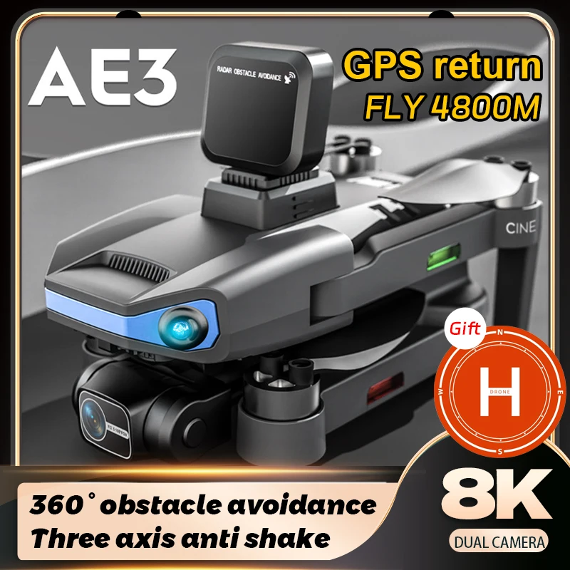 2024 드론 브러시리스 360 ° 장애물 회피 3 축 흔들림 방지 FPV 항공기, 8K HD 항공 사진 GPS RC 완구, AE3