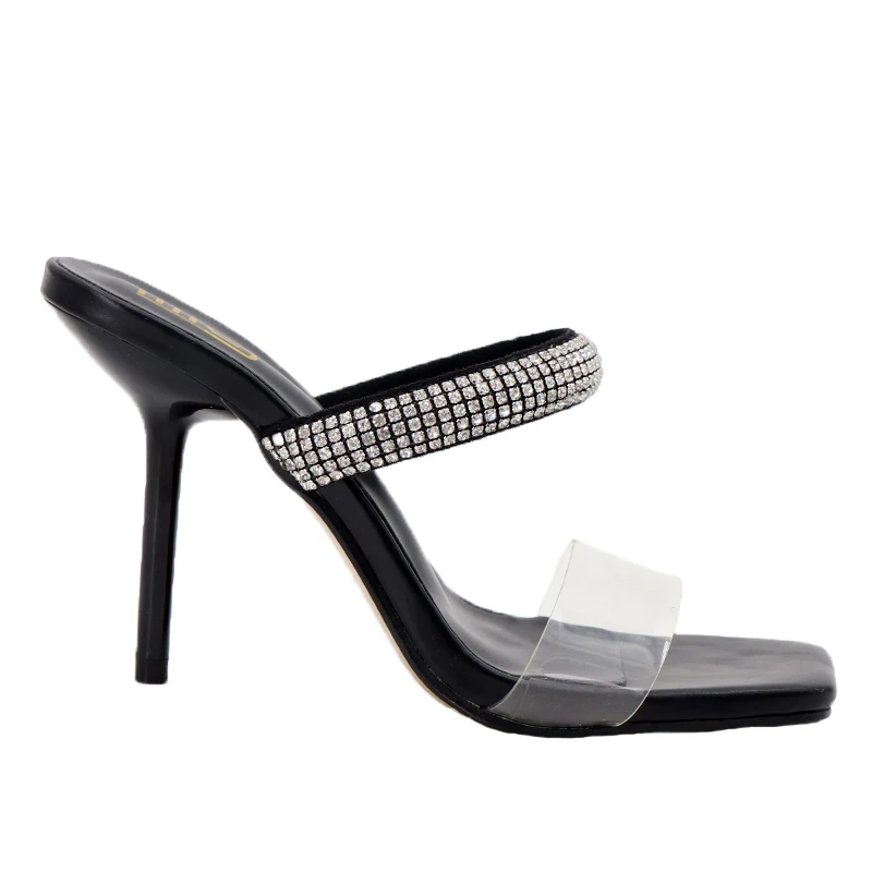 Rhinestone slippers 2022 foreign trade plus size women's shoes square transparent belt with stiletto heels outdoor sandals 10CM