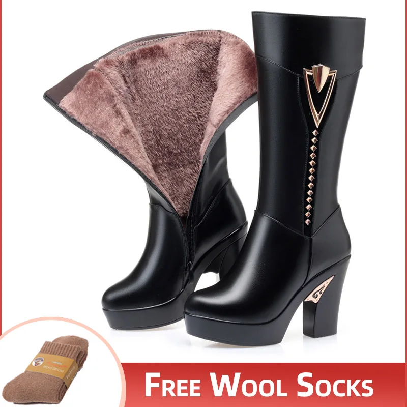 

2023 Sexy Rhinestone Winter Women Boots Leather High Heeled Genuine Leather Boots Gaotong Thick with Long Barreled Boots Wool