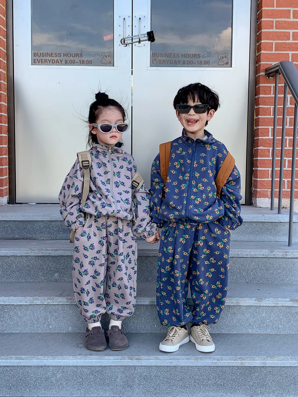 

Children Clothing Sets 2023 Autumn Korean Flowers Print Girls Outfits Casual Stand Collar Zipper Jacket Coat+Pant Kids Boys Suit
