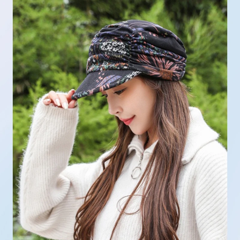 Women Lightweight Ruched Sun Hats Stylish Vintage Flower Print Newsboy Hat with Peaked Cap