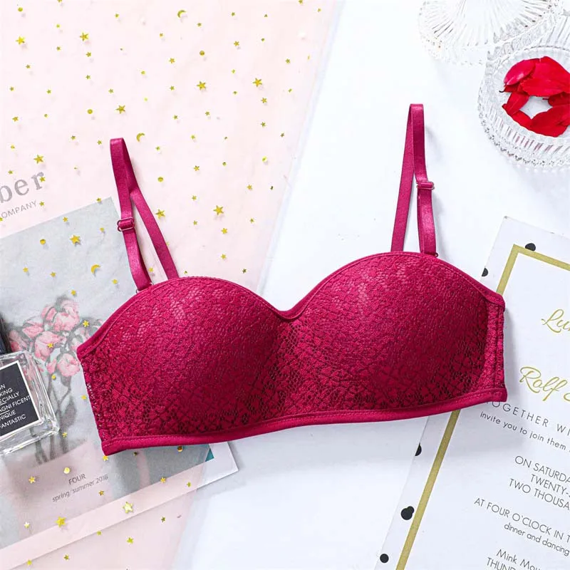Roseheart New Sexy Women Gray Skin Wireless Lace Bow Padded Bras Push Up Female Bras Bralette Cup A B Underwear Invisible