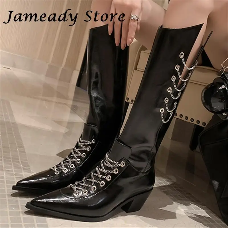 

Genuine Leather Knee High Boots Women Thick Bottom Pointed Toe Metal Decoration Chain Knight Boots Punk Style Spice Girl Botas