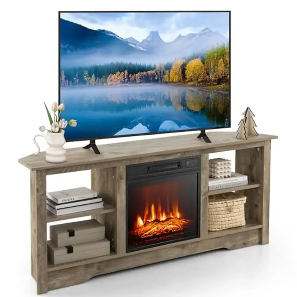 Fireplace TV Stand Entertainment Center 58" with 18" Electric Heater 1400W Remote Adjustable Brightness Storage Space Organized
