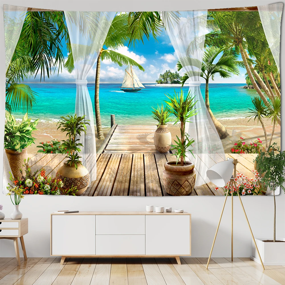 

Beach Sailboat Coconut Tree Scenery Tapestry Wall Hanging Art Bedroom landscape Wall Tapestries Curtain Background Home Decor