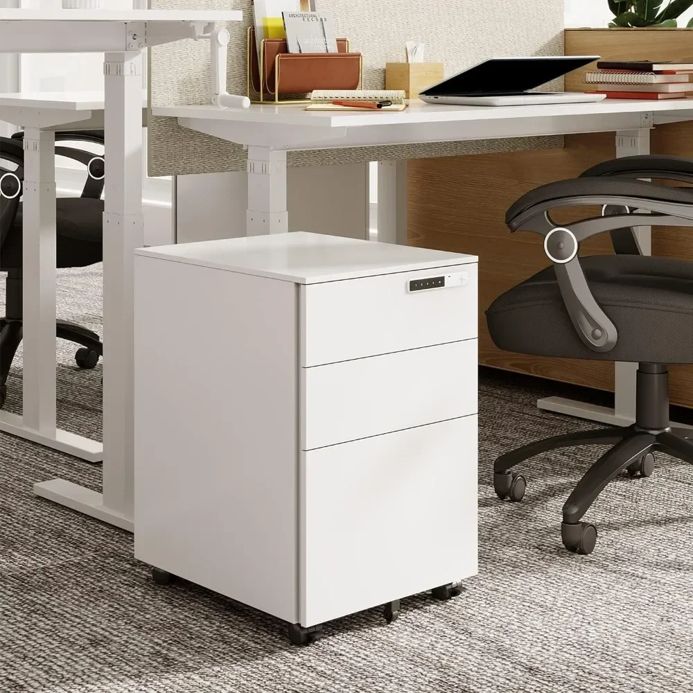 3-Drawer Mobile File Cabinet With Smart Lock Storage Cabinet Furniture White Pre-Assembled Steel Pedestal Under Desk Pc Office double pedestal desk white 140x48x80 cm