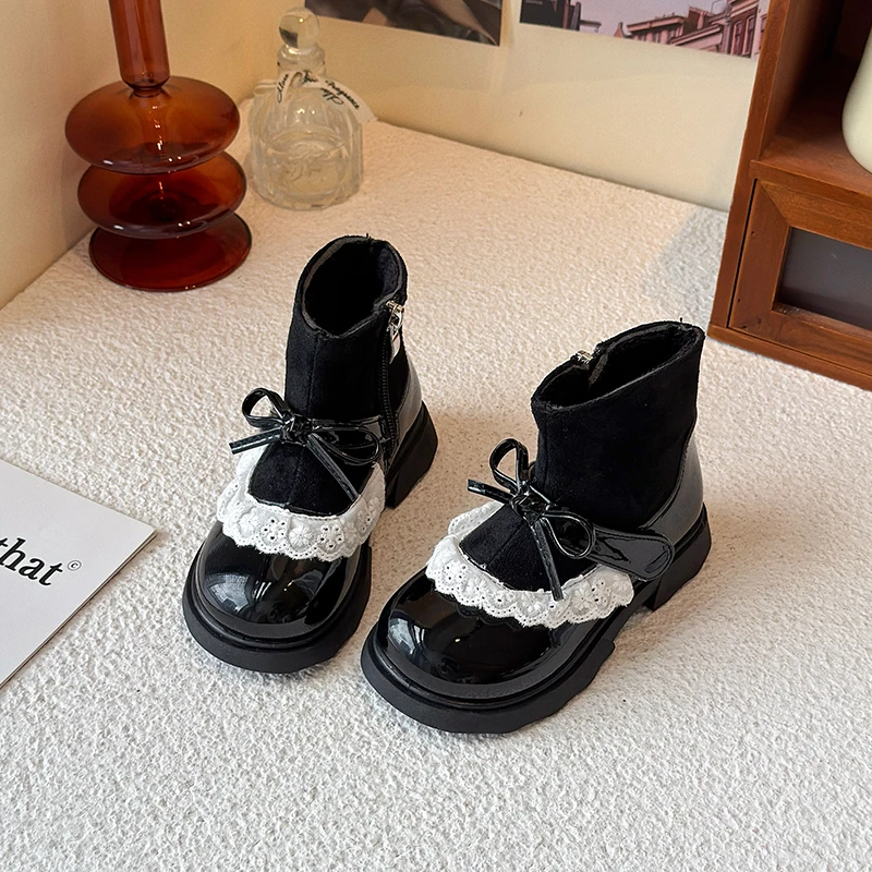 New Girls Platform Ankle Boots Wine Red Bowknot Children Fashion Princess Boots Wedding Party Kids Causal Short Boots Hook Loop