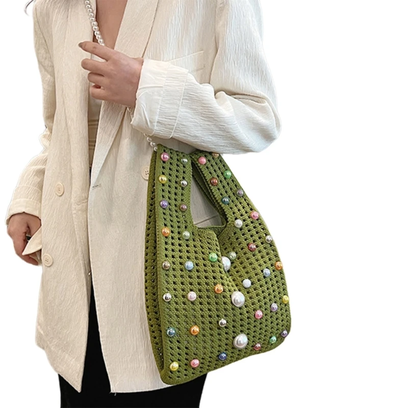 Fashionable Chain Shoulder Handbag Lightweight and Practical Hollow Out Knitted Wrist Bucket Bag for Women E74B