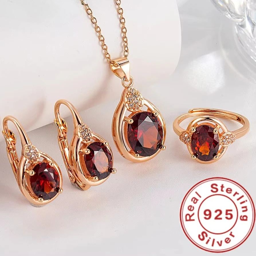Exquisites 925er Sterlingsilber, Rubin-Halskette, Ohrringe, Ring-Set für Damen, Verlobungsfeier, Schmuck