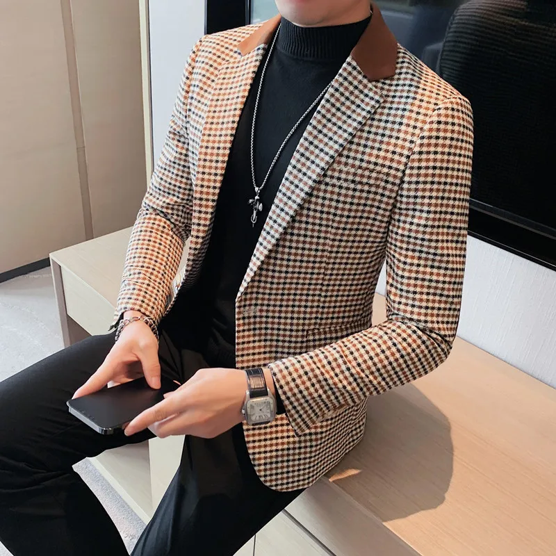Autumn Winter Korean Houndstooth Blazer Jackets Fashion Color Matching Lapel Design Casual Men Plaid Suit Coat Tuxedo Men Suits Jackets