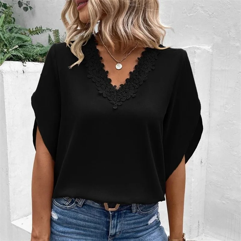 Summer Lace Splicing V Neck Pullover Shirt Female Fashion Loose Flared Sleeve Tops New Street Trendy Solid Color Casual Blouse