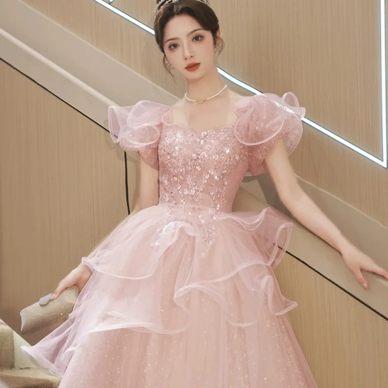 

Princess Pink Backless Lacing Up Evening Dresses Elegant Formal Short Sleeve Party Grown Rode De
