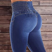 High Waist Elastic Denim Jeans Blue Transformable Jeans Women's Fashion High Waist Button Decorated Elasticated Denim Trousers