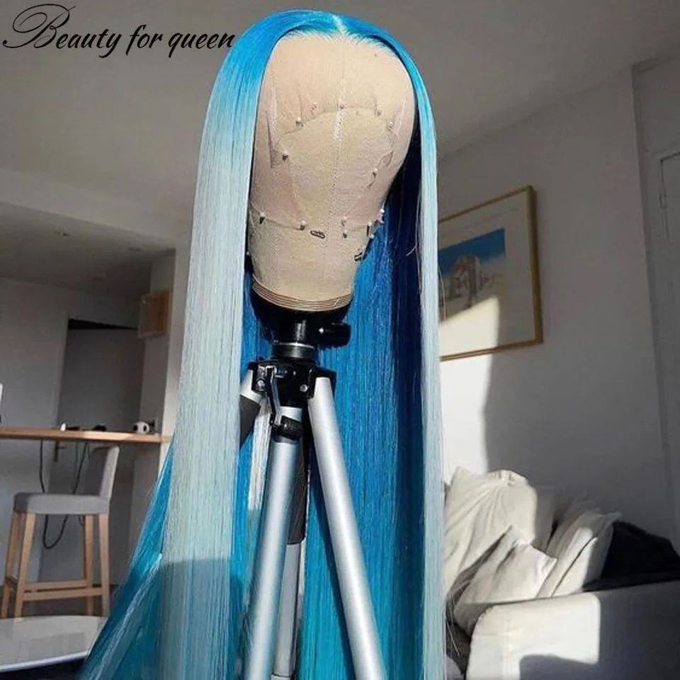 For Women Blue 150Density Brazilian Pre Plucked Transparent Lace Frontal Wigs Beauty Ombre Straight Lace Front Human Hair Wigs - Image 4