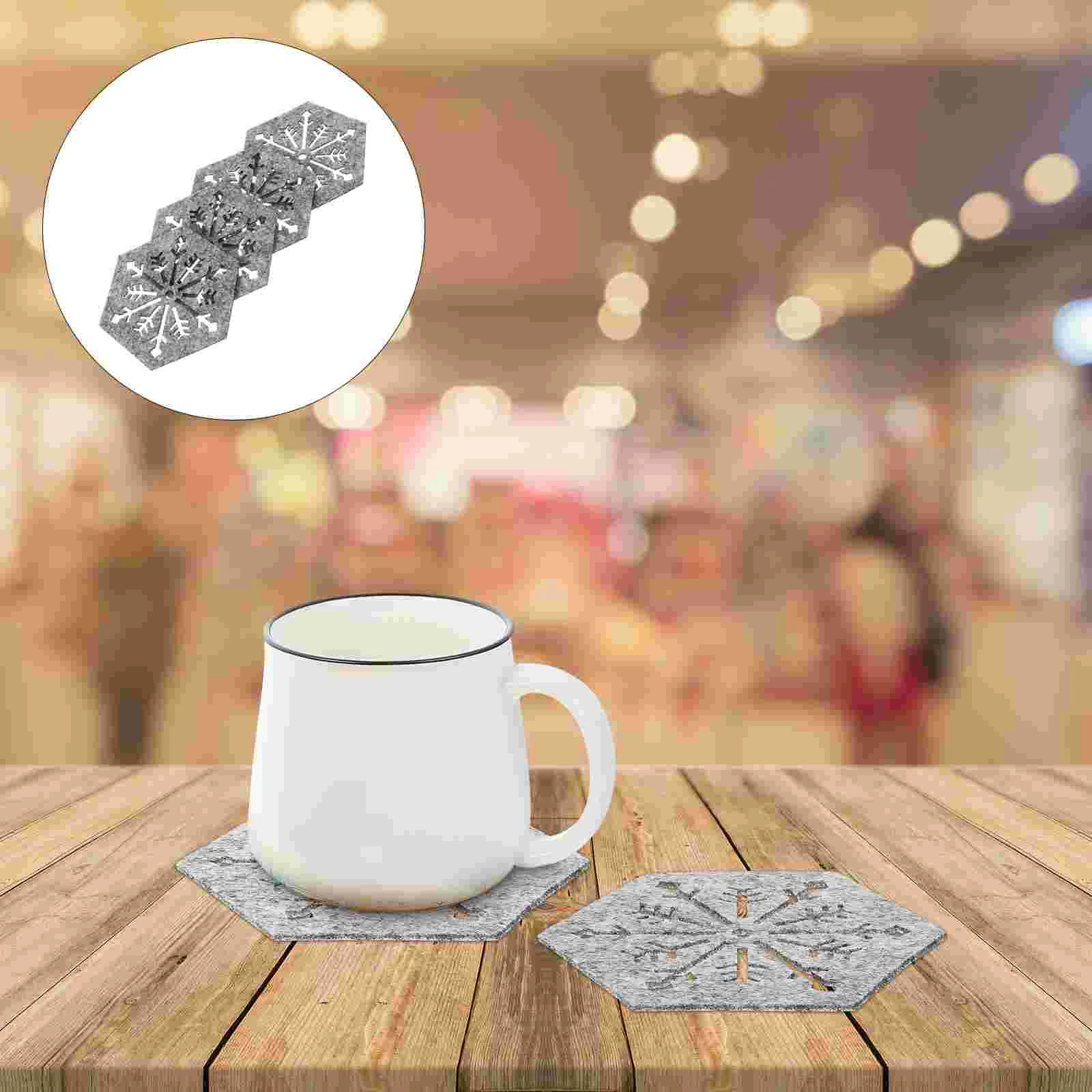 

4 Pcs Grey Coasters Placemats for Xmas Hexagon Christmas Supplies Cloth Snowflake Table Dinner Cup Home Anti-skid