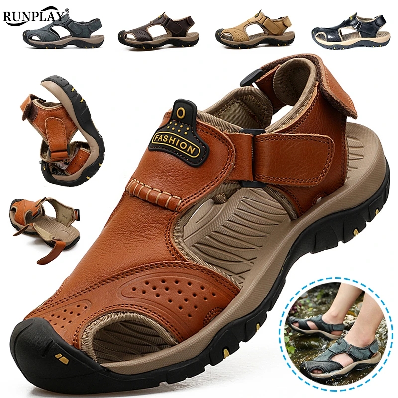 Summer Men Leather Sandals Casual Water Beach Shoes Man Outdoor Hiking Sports Sandals Non-slip Wading Sneakers Plus Size 38-48 summer sandals water sports shoes beach sandals