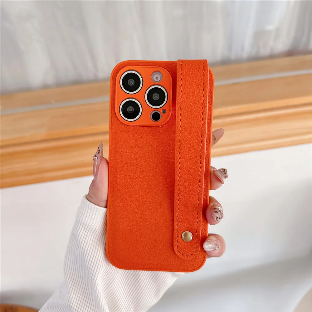 Leather Wrist Strap Bracket Holder Case with Hand Band Stand and Silicone Candy Cover