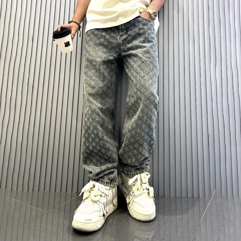 Jacquard Pattern Denim Pants Male Straight Fitting Baggy Bottoms Distressed Wide Jeans For Men 1