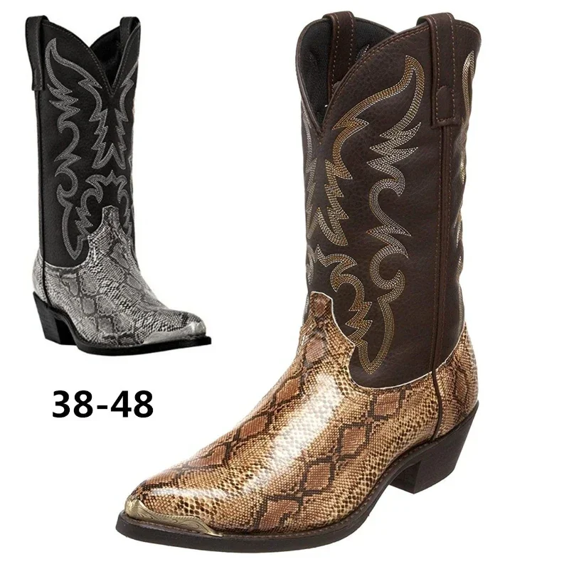 

Men Western Cowboy Boots Mid-Calf Pointed Toe Slip-On Serpentine Handmade Mens Boots Size 38-48