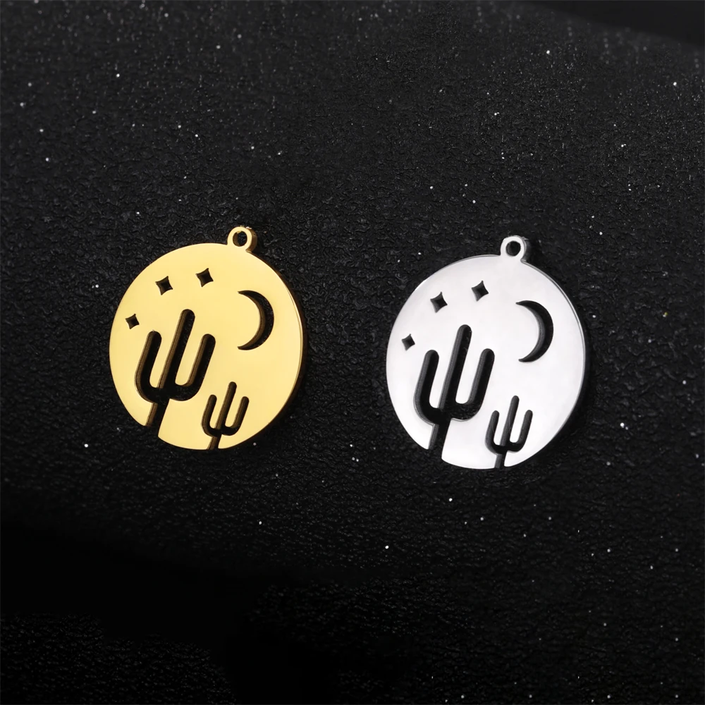 

5pcs/Lot Stainless Steel Necklace Keychain Charms Hollow Cactus Moon Star Pendants Accessories Diy Making Women Jewelry Charm
