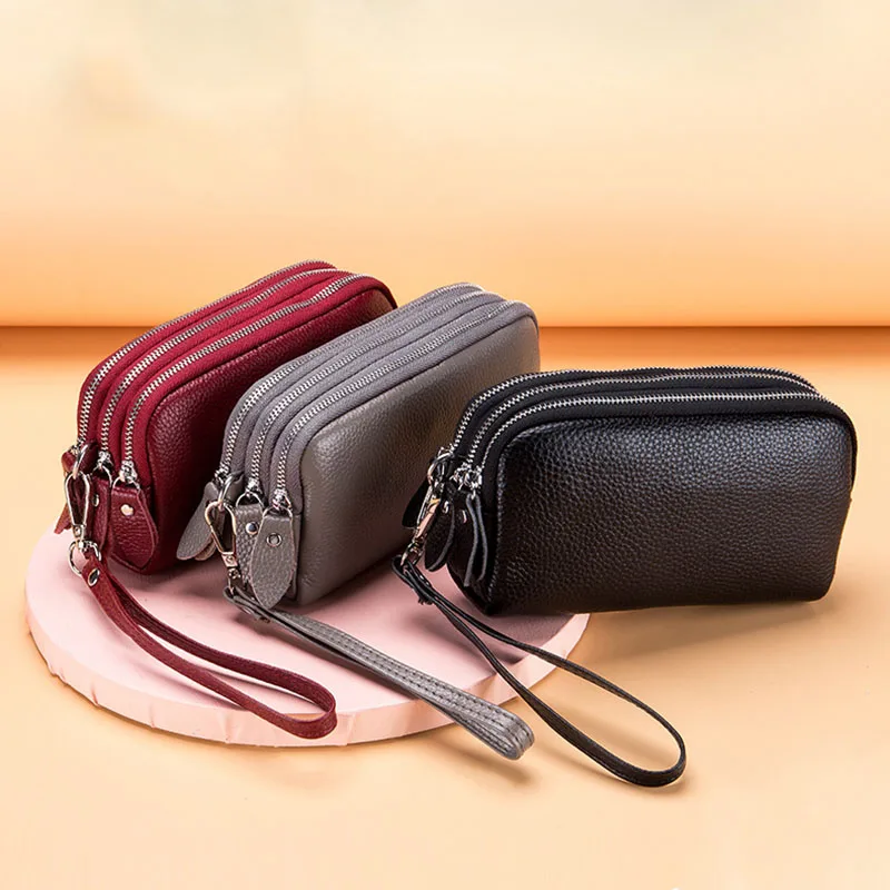 

Кожаный женский мини-кошелек, кошелек для монет на три молнии, симпатичный маленький клатч, дизайнерская многофункциональная сумка с держателем для карт