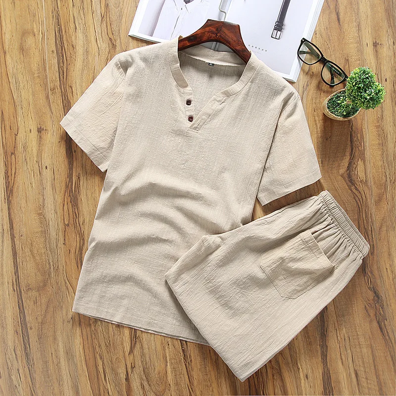 2024 Sleepwear for Man Summer Cotton and linen Lounge Wear V Neck Leisure Home Suit Plus Size 5xl Two Piece Pajama Set Men