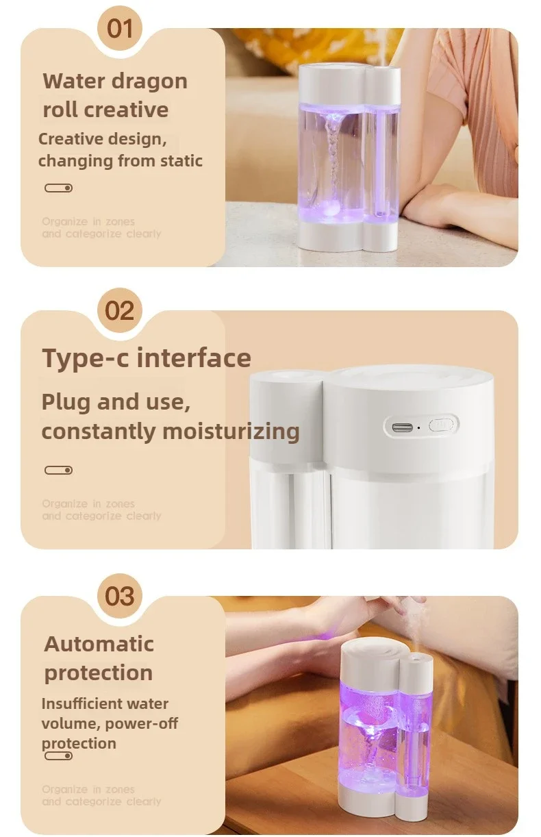 0.5-1 L Water Tornado Dragon Humidifier 5W Air Humidifier Home Office USB Plug-in Colorful Ambient Light Countertop Decoration 5
