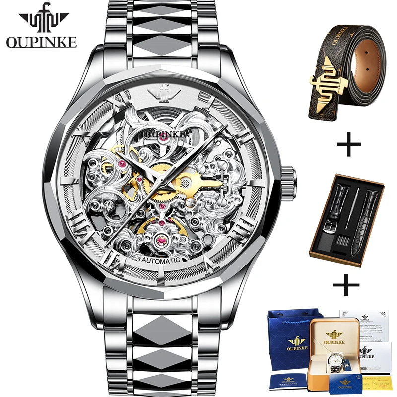 

OUPINKE Automatic Mechanical Watches for Men Luxury Sapphire Crystal Skeleton Design Tungsten Steel Strap Waterproof Wristwatch