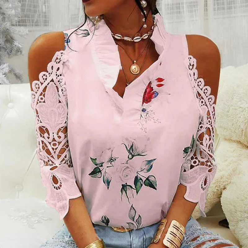 Women's Sexy Hollow Out Print Blouses Elegant Short Sleeve Lace Shirt V-Neck Female Strapless Blouse Casual Tops Summer 19361