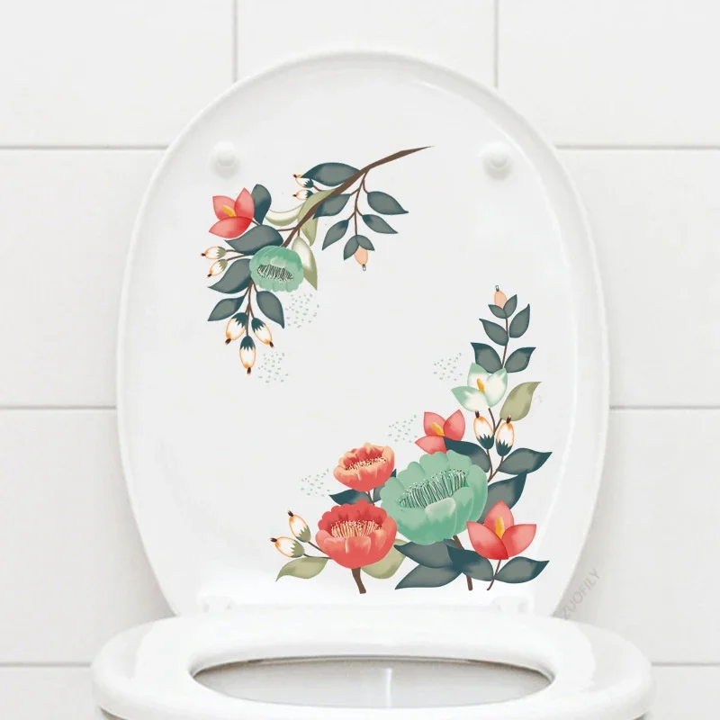 Ceative Floral Flower Toilet Stickers Mural Self-adhesive Removable Bathroom Decoration Sticker Cabinet Decors 1 Pc PVC Decal
