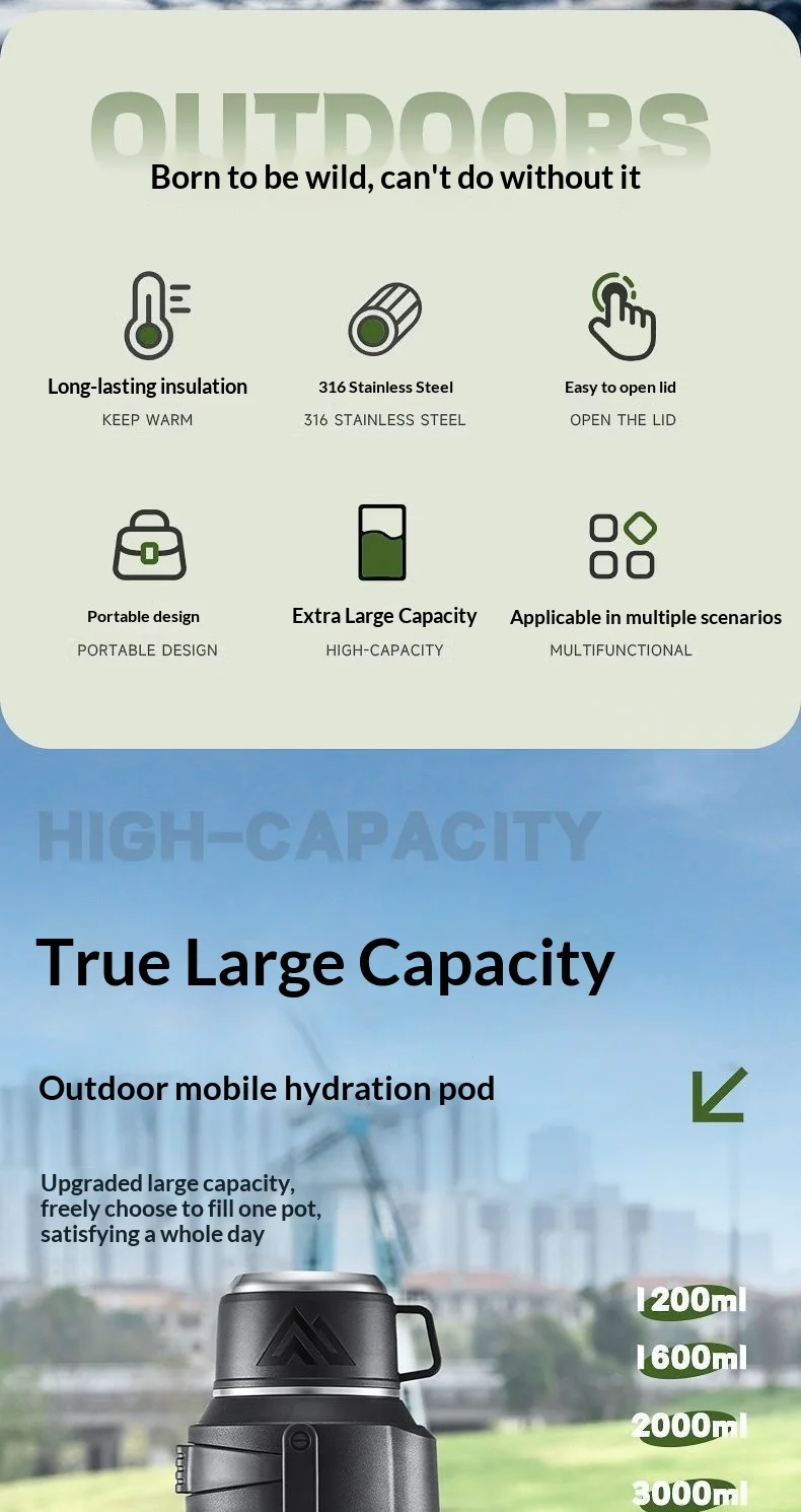 Large Capacity 1L Vacuum Water Bottle Double Wall Insulated 316 Stainless Steel with Handle Leak Proof for Car Office