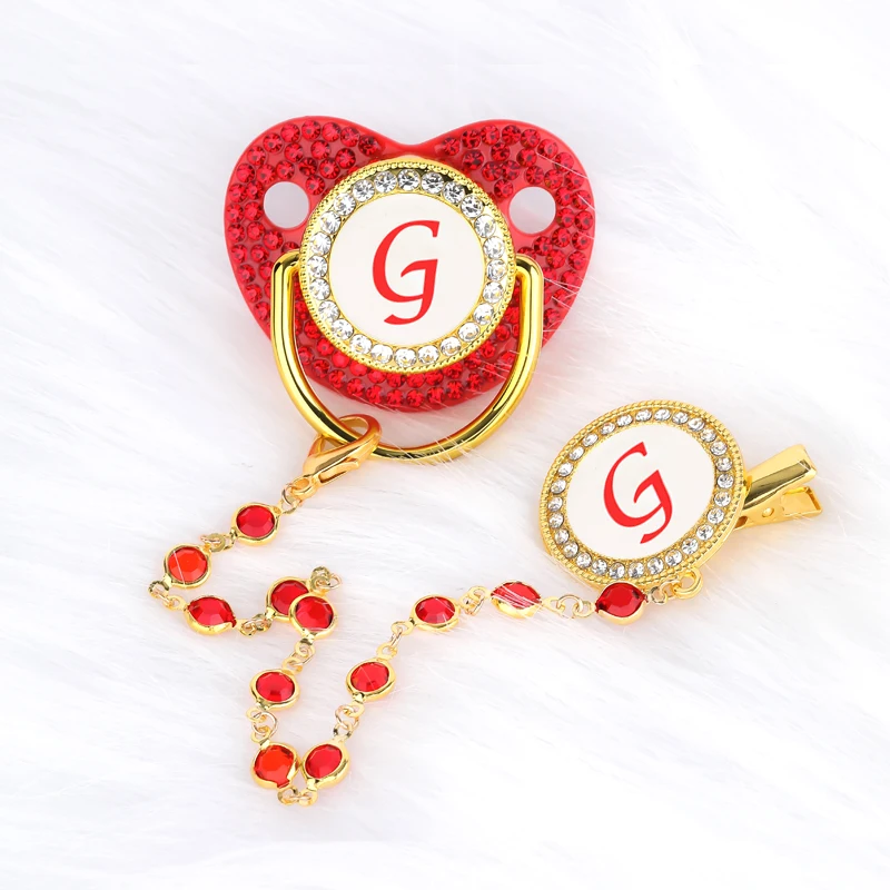 Pacifier Clip Chain Red Zircon Baby Pacifier Holder Silicone Infant Teether Nipple Bpa Free 26 Letters Newborn Personalized