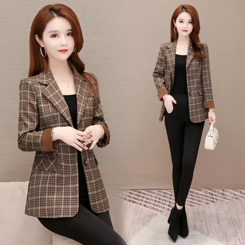 2024 Fashion Plaid Suit Women's Spring And Autumn Dress New Korean Version Of Western Style Joker Loose Large Size Casual Coat5X