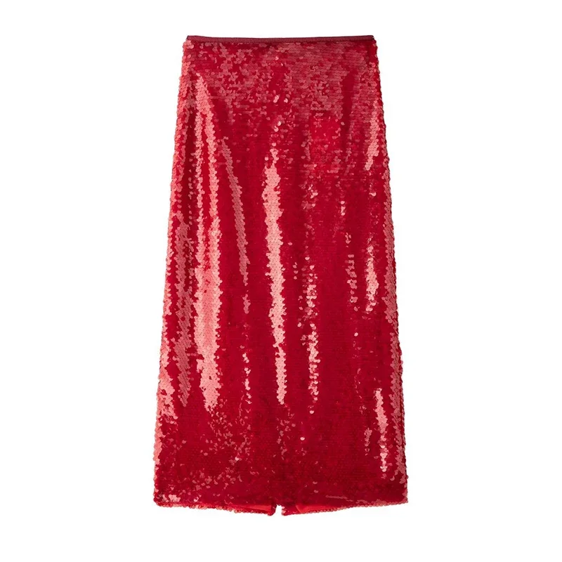 Sequins Red Christmas Sequin Skirts For Women Shiny Split Loose High Waist Straight Skirt 2025 Spring Party Y2K Streetwear New
