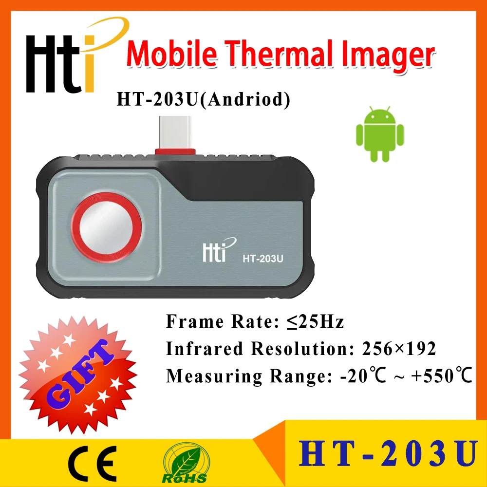 

HTI HT-203U 256*192 Pixels Infrared Thermal Imager Android Type C Mobile Phone Thermal Imaging Camera Thermometer PCB Repair