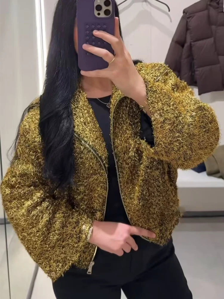 Fall New Metallic Thread Bomber Jacket For Women Long Sleeve Vintage Zipper Streetwear Casual Loose Lady Lapel Fashion Outerwear