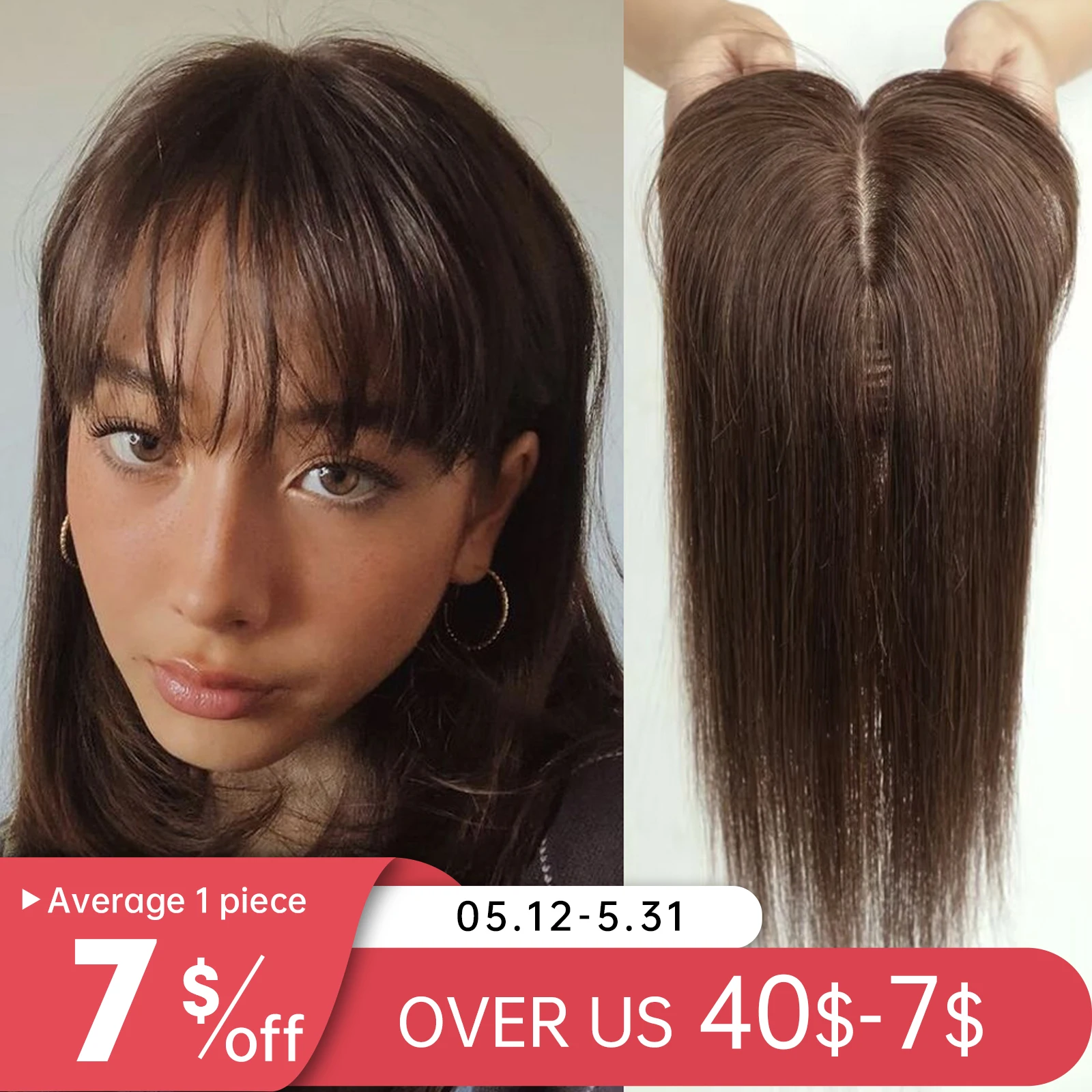 

Real Human Hair Toppers with Bangs Silk Base Clip in Toupee Hair Piece for Hair Loss Women Afro Brown Remy Hair Topper Straight