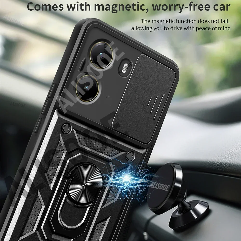 Armor Slide Camera Lens Protection Back Cover with Ring Stand - Shockproof Case