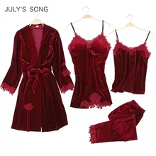 

JULY'S SONG Women Winter Velvet 4 Piece Sexy Pajamas Set Dressing Gown Lace Sling Shorts Warm Robe Sleepwear Woman Pajamas